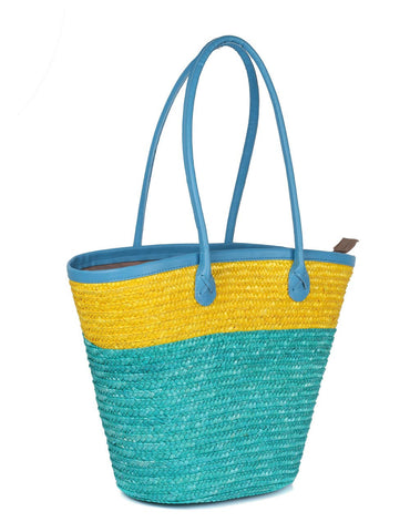 Women's Summer Beach Straw Bag Yellow Aqua