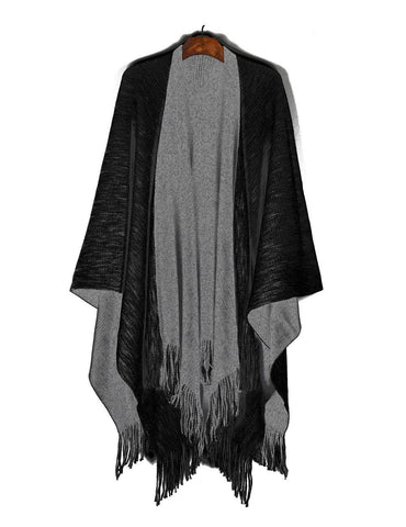 Women's Reversible Knit Poncho Shawl Grey Black