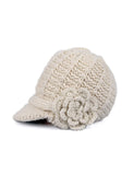 Women's Retro Knit Hat with Floral Embellishment Ivory