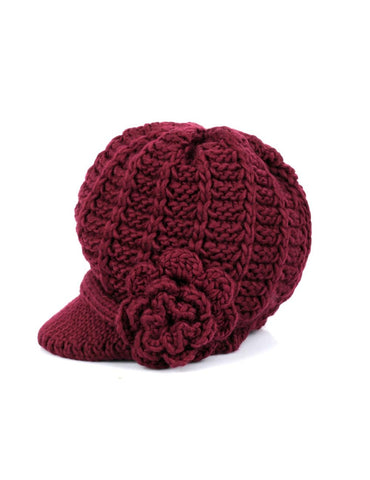 Women's Retro Knit Hat with Floral Embellishment Burgundy
